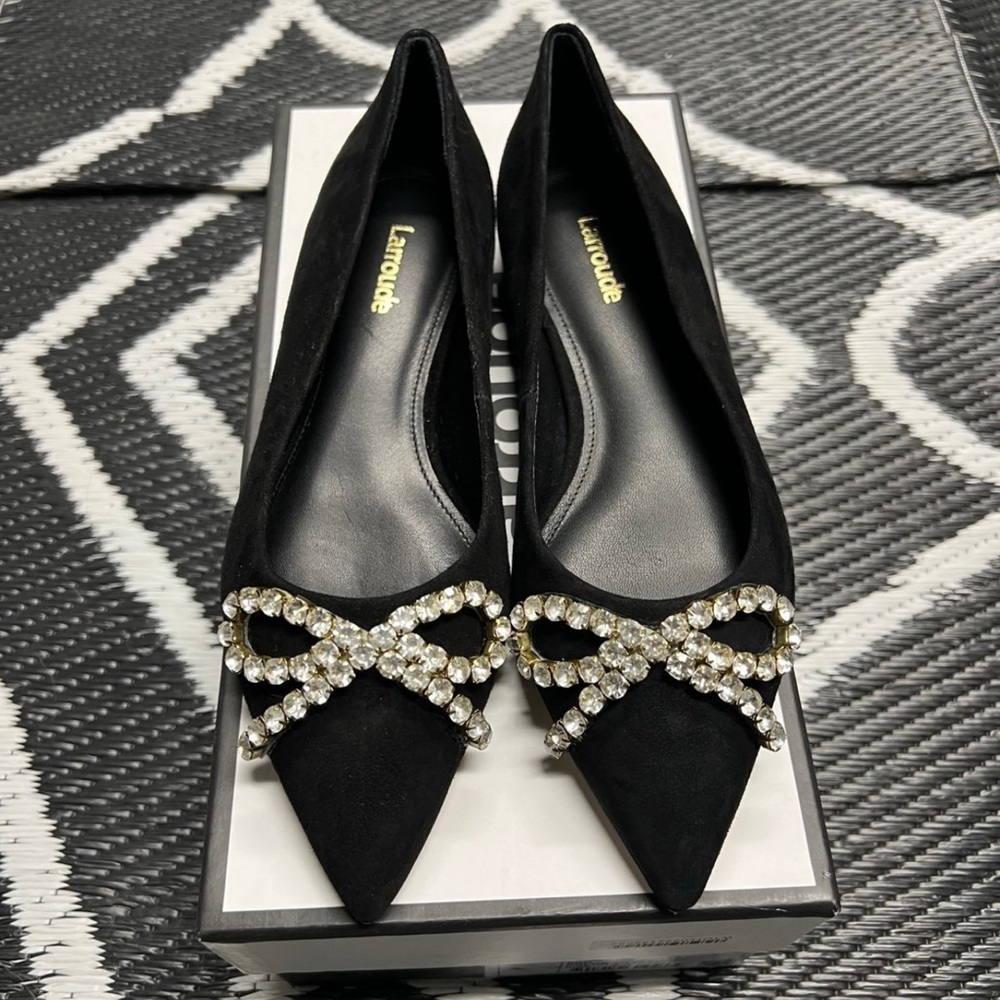 Larroude Lee Crystal Bow Suede Flats